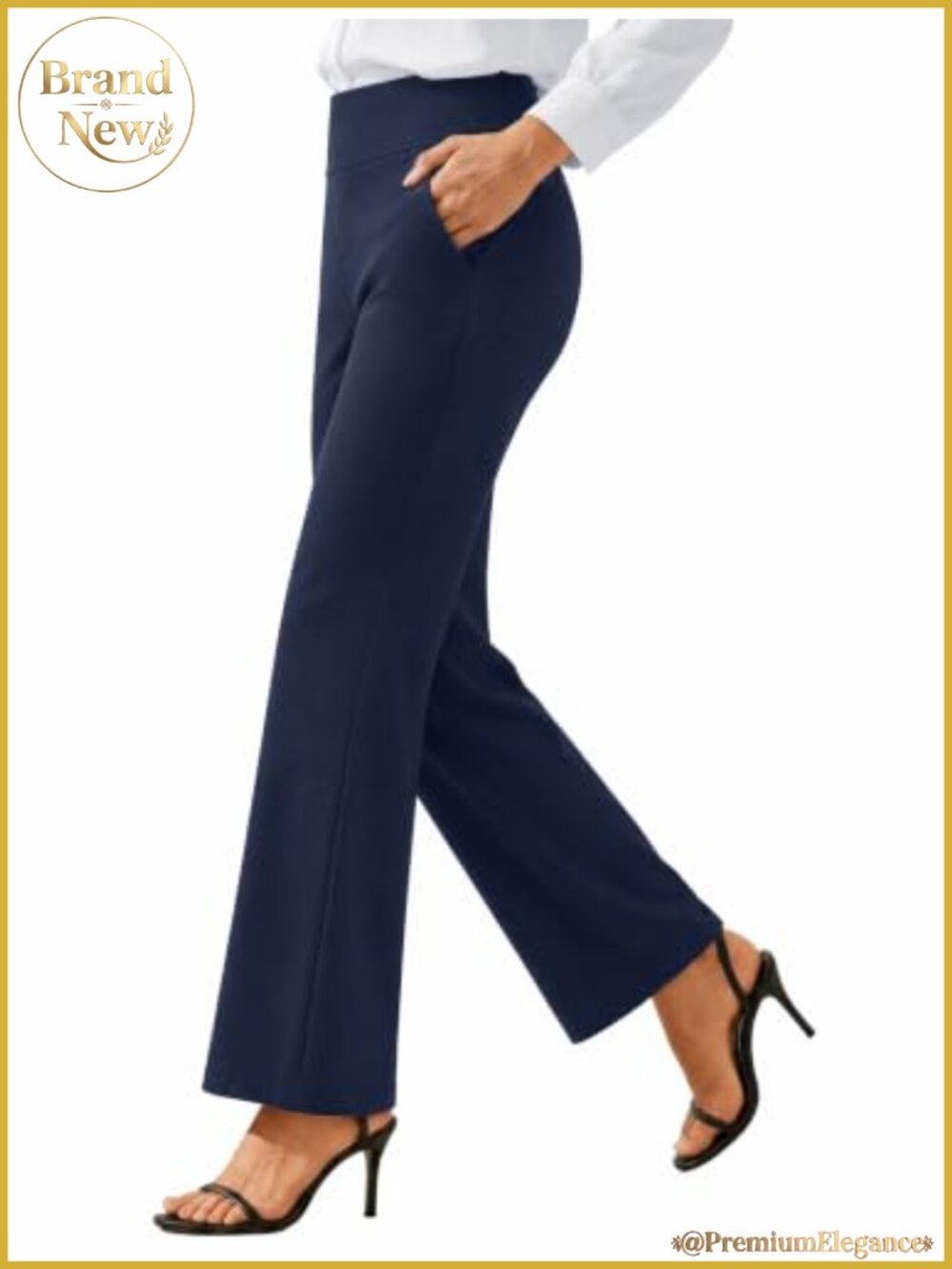Wide Leg Dress Pants Stretchy Pull On Work Slacks Side Pockets High Waist